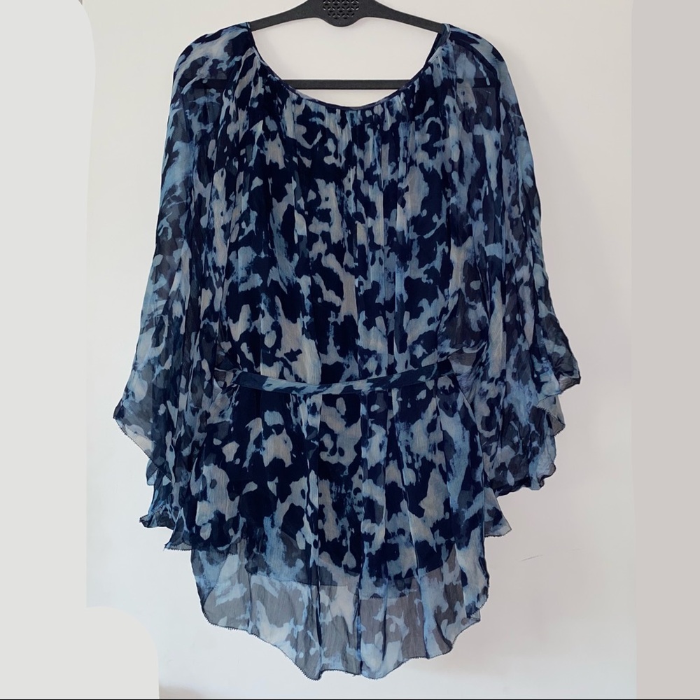 Catherine Malandrino 100% silk blue watercolor print tie dolman tunic blouse - Picture 7 of 9